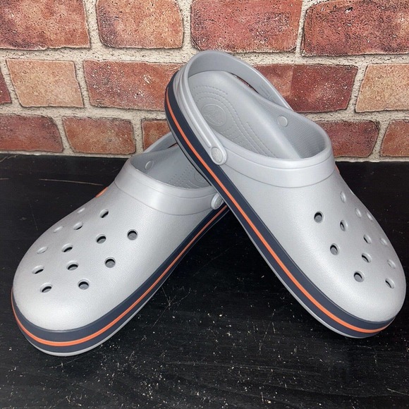 Crocs Slide-On Clogs Light Grey & Navy/Peach Crocband Unisex Men’s Size 13 - Picture 1 of 7